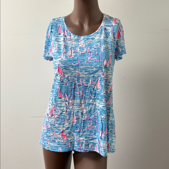 Lilly Pulitzer Etta Scoop Neck Top Tshirt boatylicious Zanzibar Blue Pink Small - Picture 2 of 7